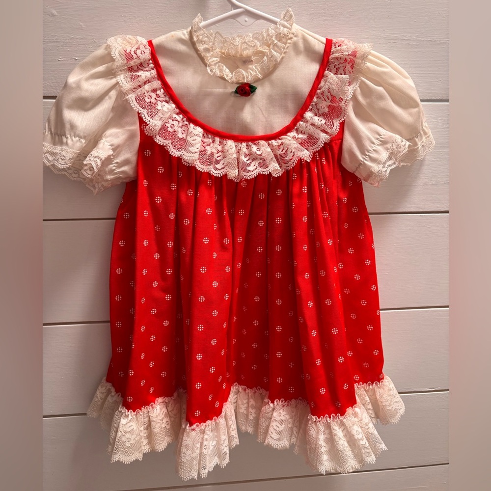 Charming Kids Red and Cream Blouse with Lace Accents